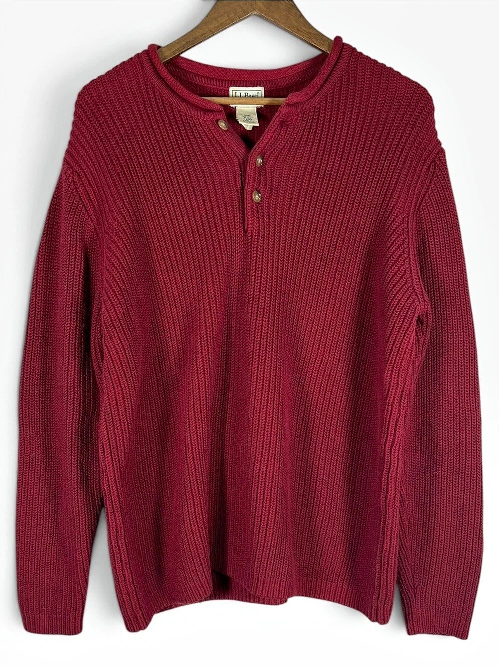 Vintage L.L.Bean Mens Henley Roll Neck Sweater Red Size Medium Fisherman Coastal
